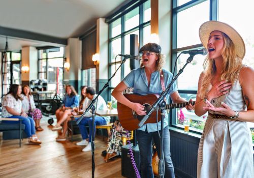 Two musicians are performing with microphones, one playing the guitar, and people are seated, watching them in a cozy indoor setting.